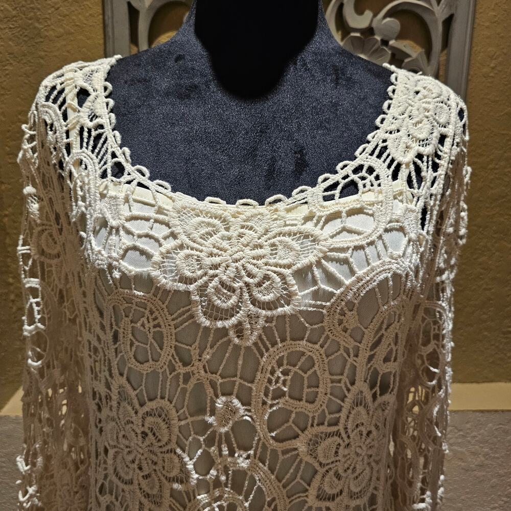 Boho Lace Overlay Top Crochet Floral Sheer Romantic Cottagecore Blouse L - Picture 8 of 8